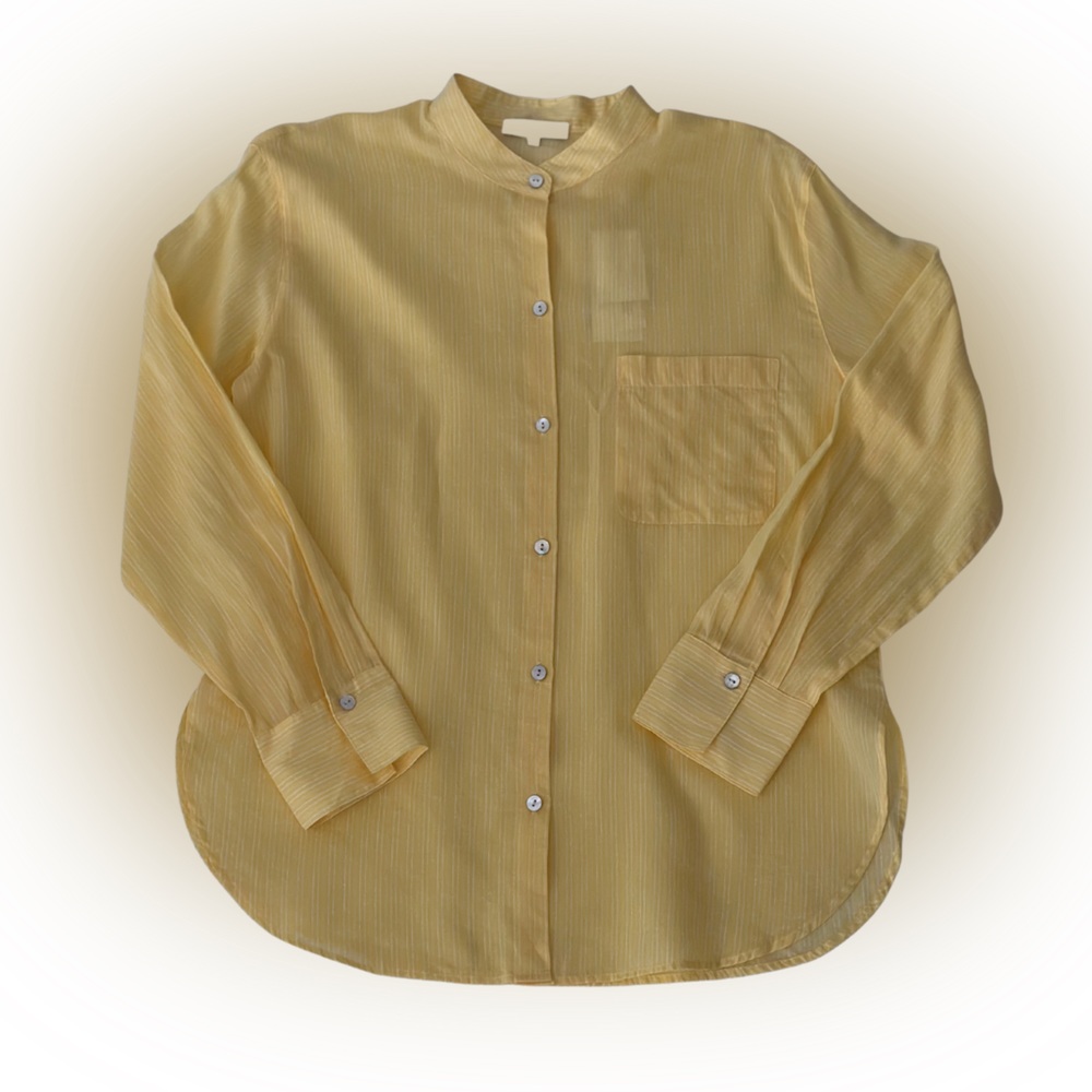 Vince Collarless Fine Stripe Long Sleeve Yellow Blouse I New I Med